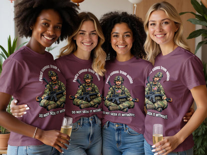 Four women wear shirts with a graphic of a soldier meditating.
