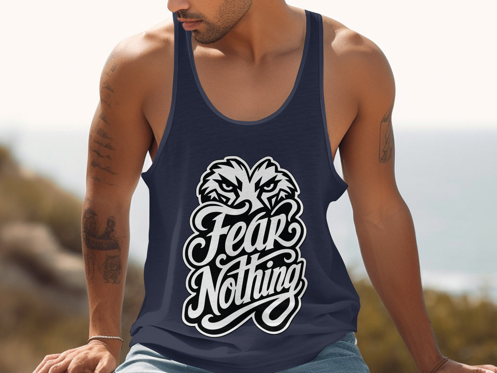 Navy tank top with a white graphic of a fierce wolf and "Fear Nothing" text.