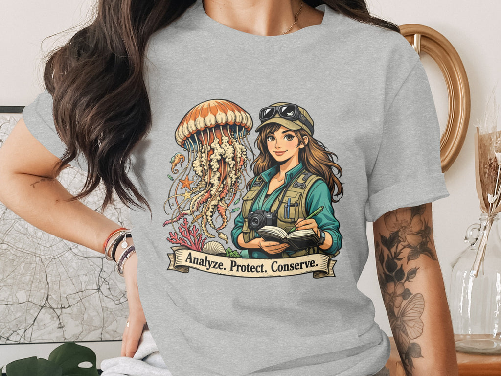 Illustration of a woman with a jellyfish and the text "Analyze. Protect. Conserve."