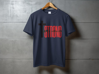 Navy t-shirt with cross and text "God is within her STRONG".