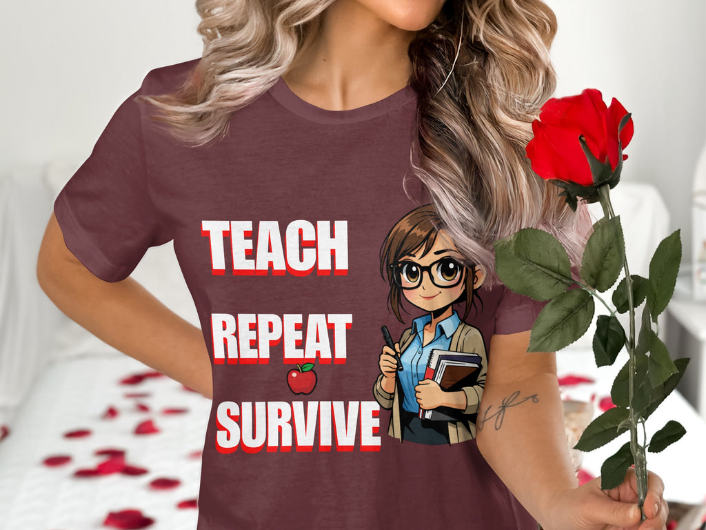 Maroon t-shirt with "Teach Repeat Survive" text, an apple, and cartoon teacher illustration.