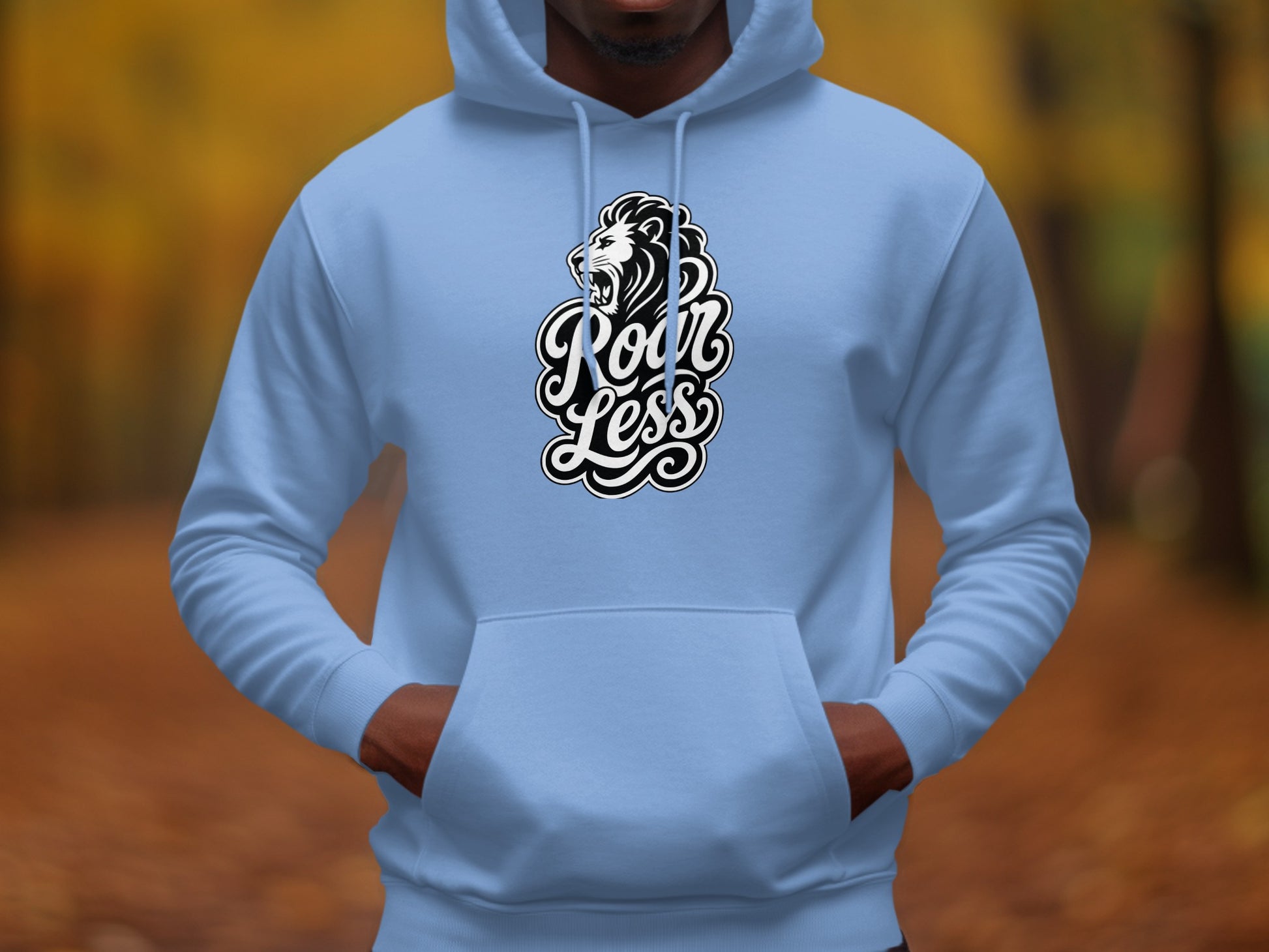 Light blue hoodie with a black and white lion face and "Roar Less" text graphic.