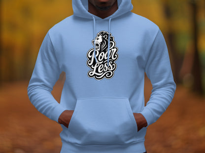 Light blue hoodie with a black and white lion face and "Roar Less" text graphic.