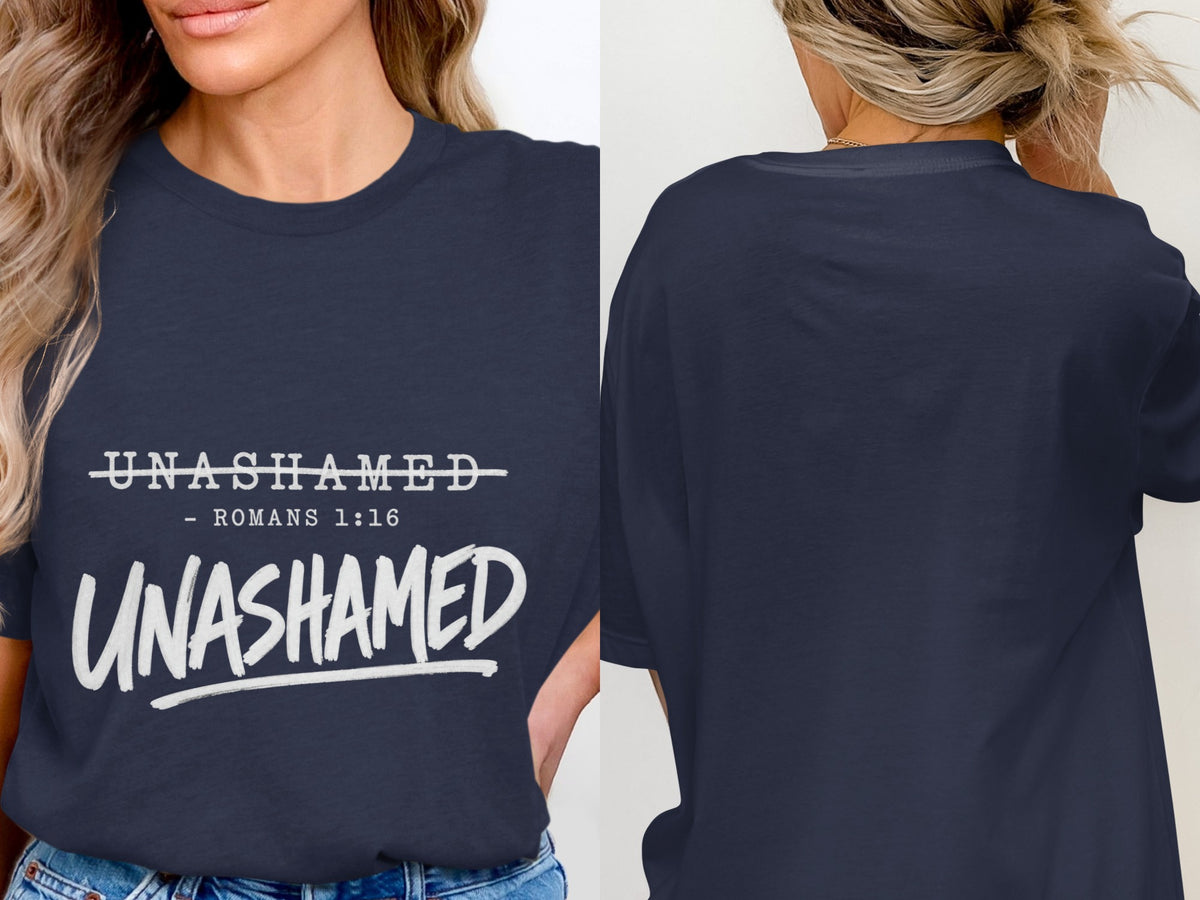 Navy t-shirt with "UNASHAMED - ROMANS 1:16 UNASHAMED" graphic on front.