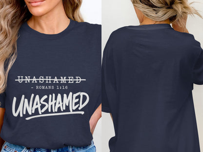 Navy t-shirt with "UNASHAMED - ROMANS 1:16 UNASHAMED" graphic on front.