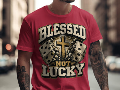 Red t-shirt with "BLESSED NOT LUCKY" text, dice, and cross graphic.
