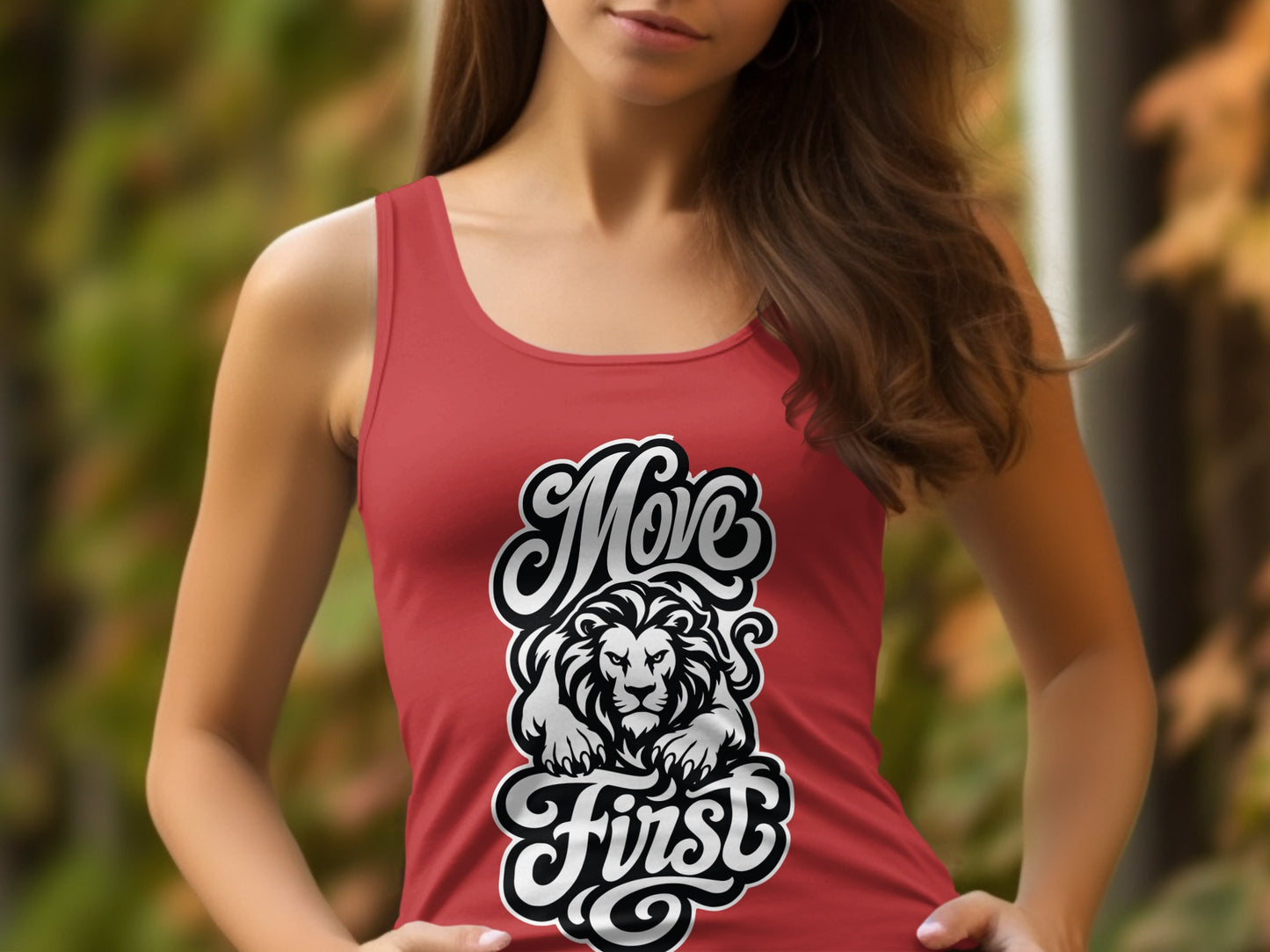Red tank top with "Move First" text and a lion graphic.