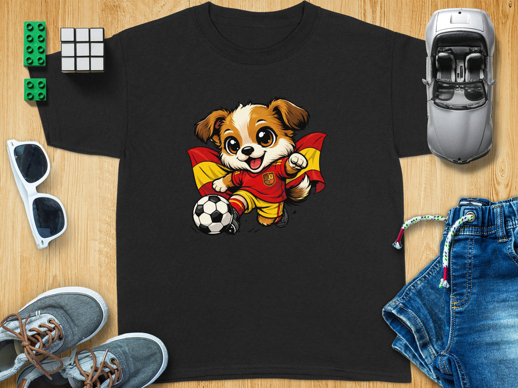 Black t-shirt featuring cartoon dog in Spanish soccer uniform kicking a ball.