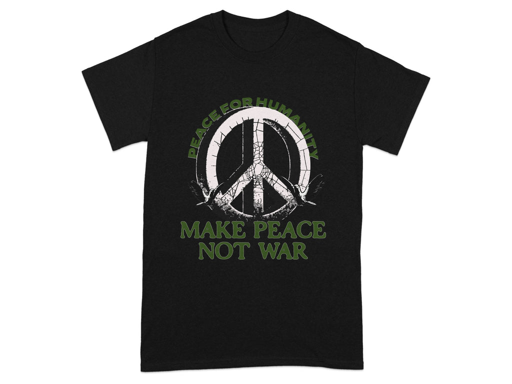 Black t-shirt with peace symbol, doves, and "Make Peace Not War" text.
