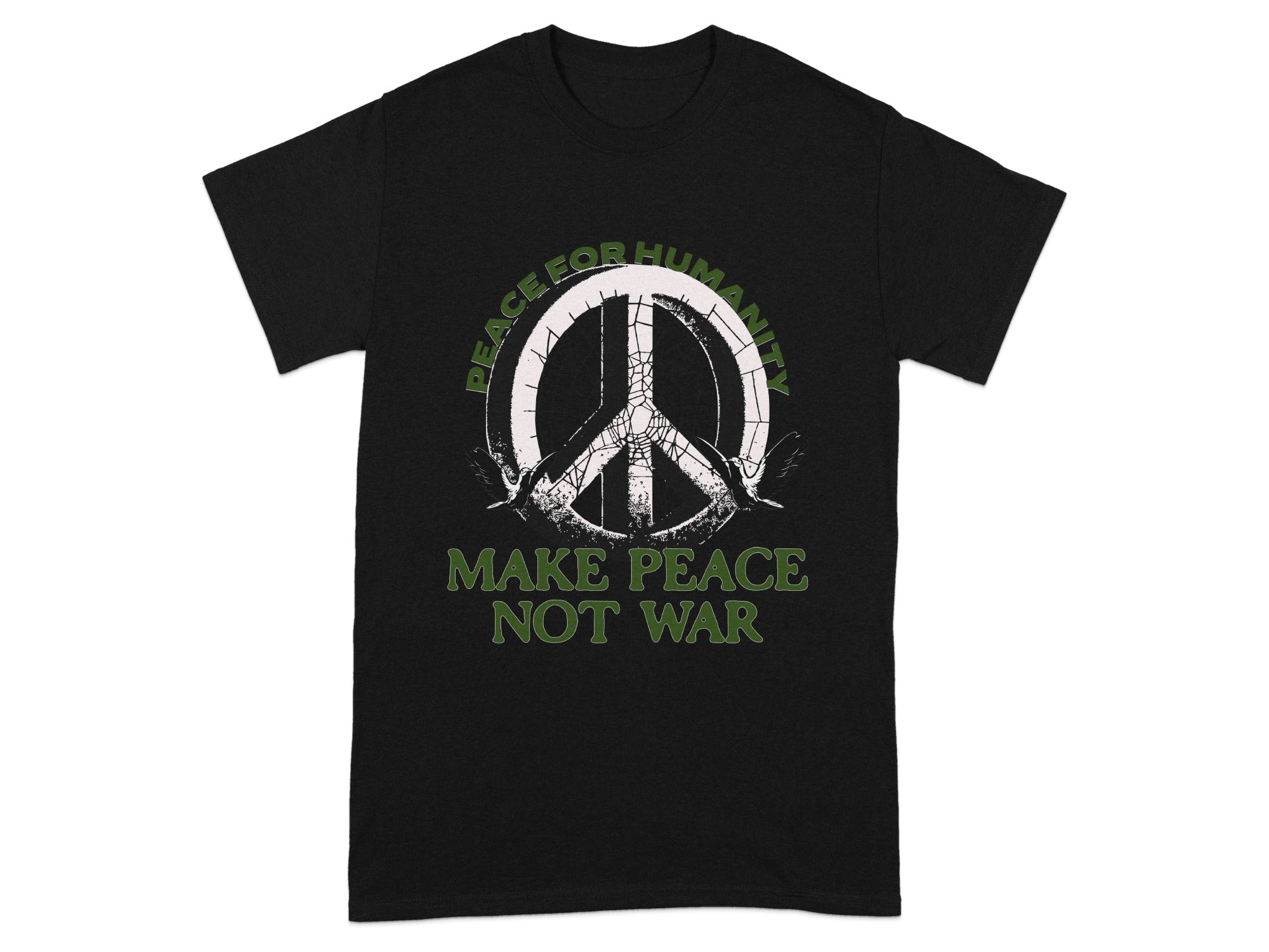 Black t-shirt with peace symbol, doves, and "Make Peace Not War" text.