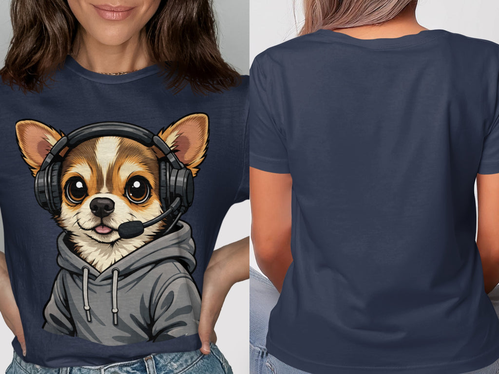 Front view of a navy t-shirt with a chihuahua wearing a gray hoodie and headphones.