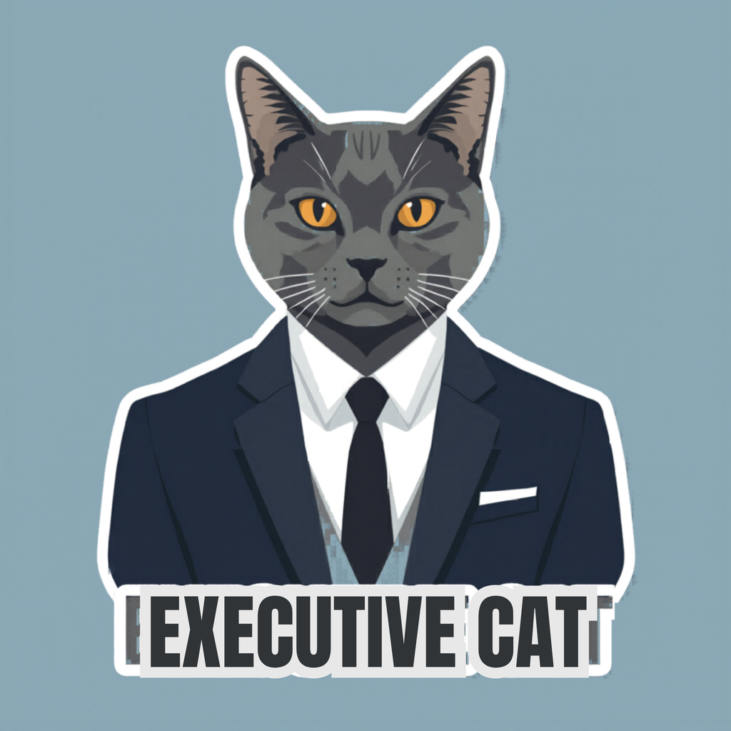 Grey cat wearing a suit and tie with "EXECUTIVE CAT" text.
