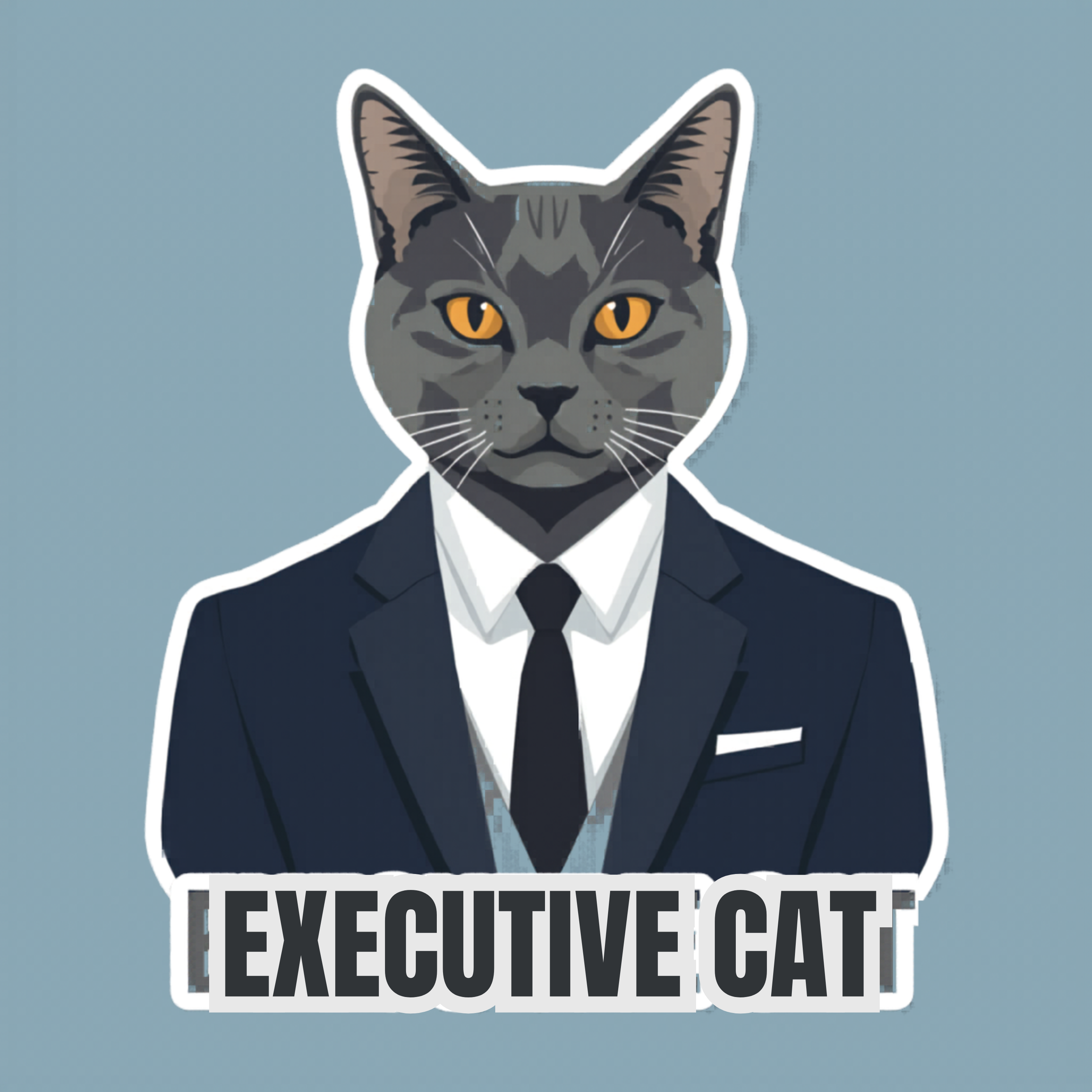 Grey cat wearing a suit and tie with "EXECUTIVE CAT" text.