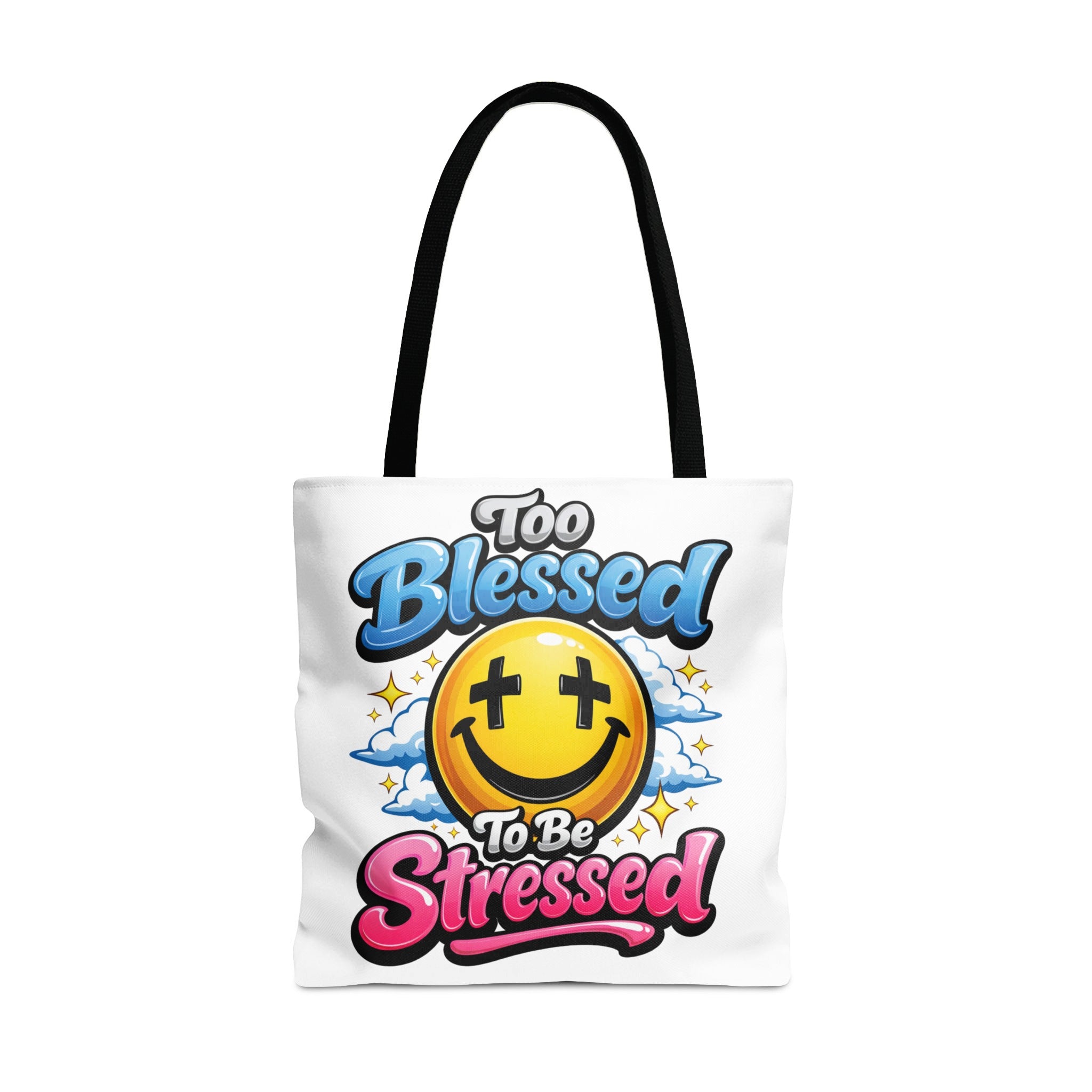 Tote bag with yellow smiley face and text "Too Blessed To Be Stressed".