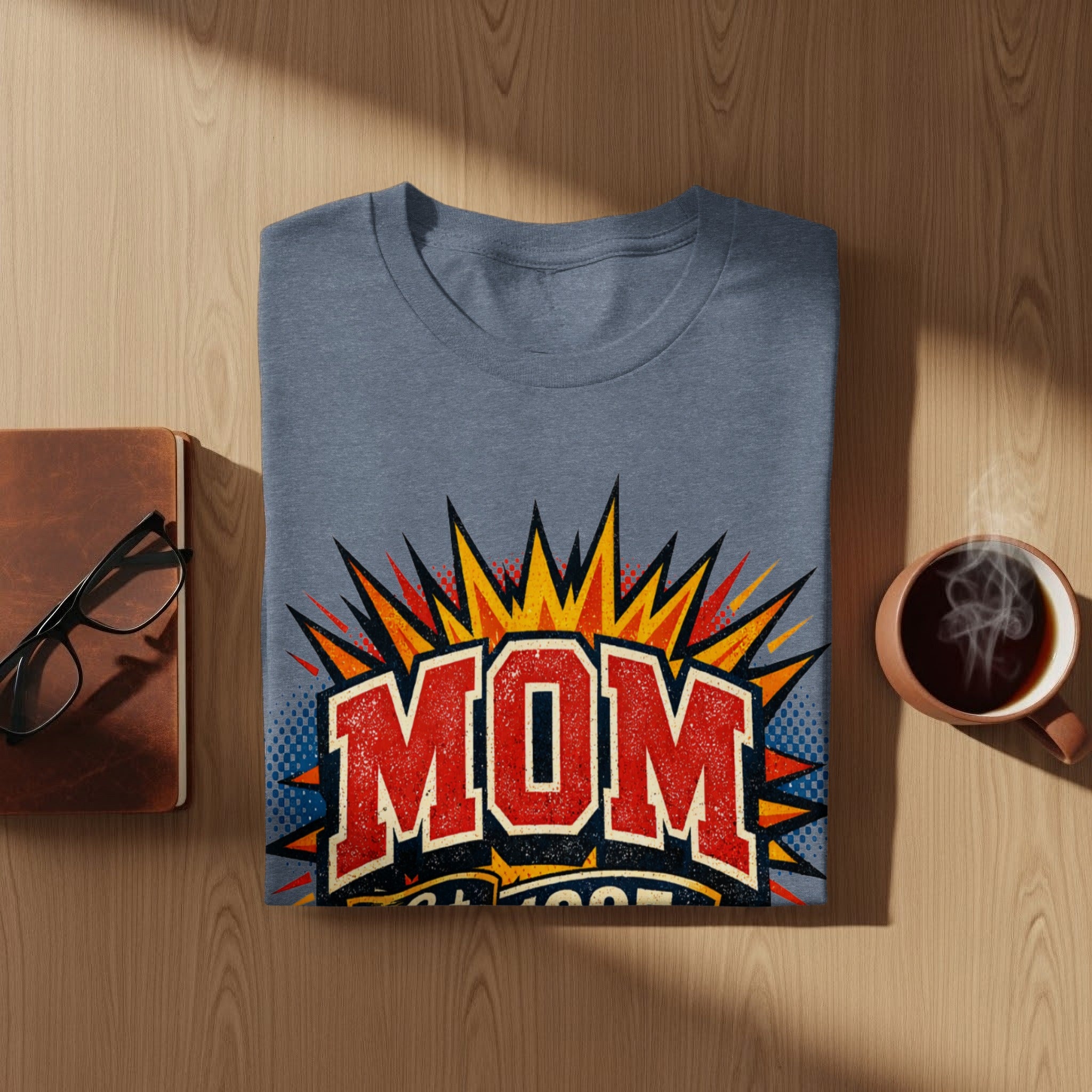 Blue t-shirt with red and yellow "MOM" text graphic and a comic book style explosion.