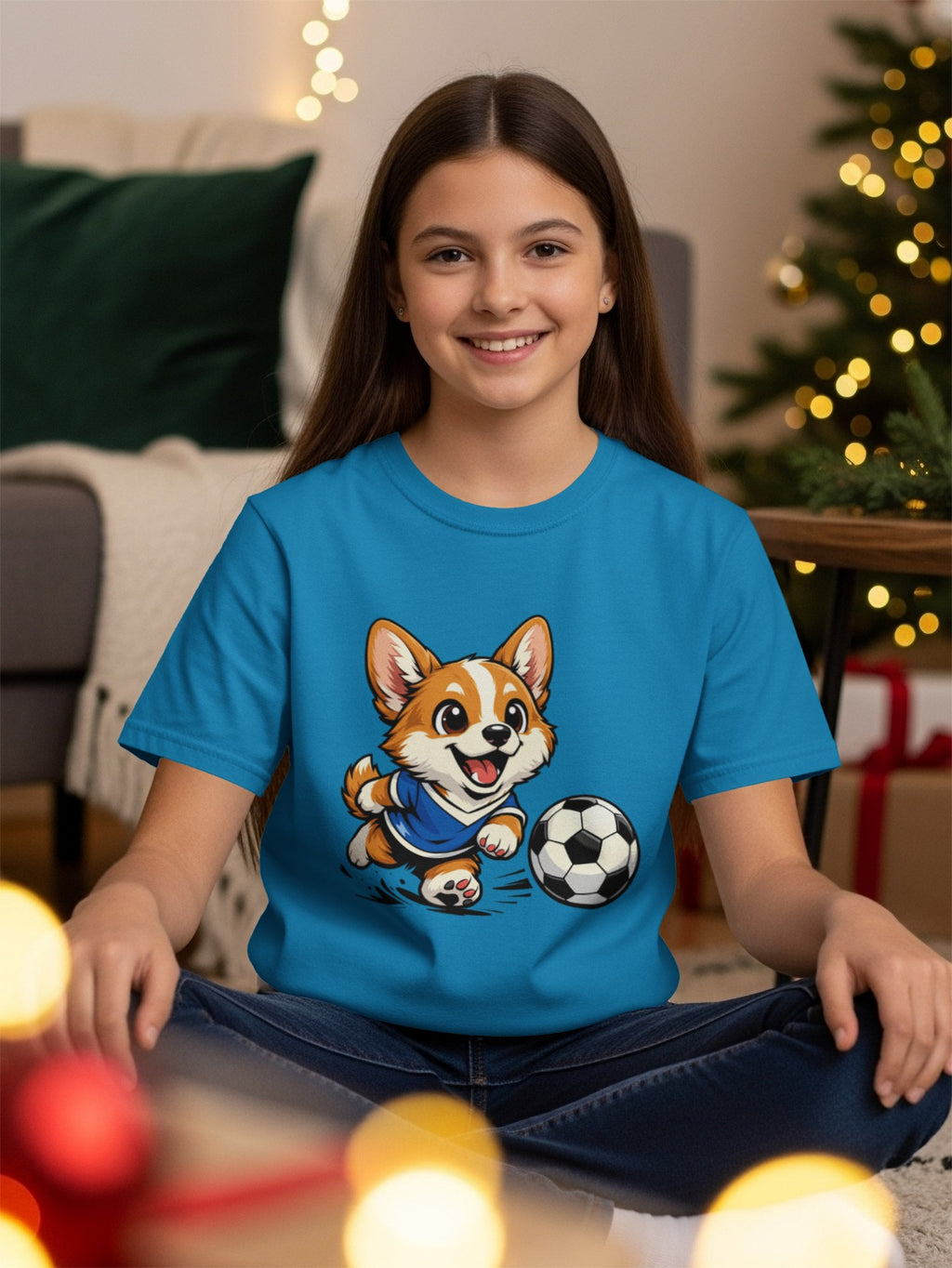 Blue t-shirt featuring a cartoon corgi playing soccer, worn by a young girl.
