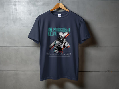 Navy t-shirt with Jesus carrying cross graphic and text.