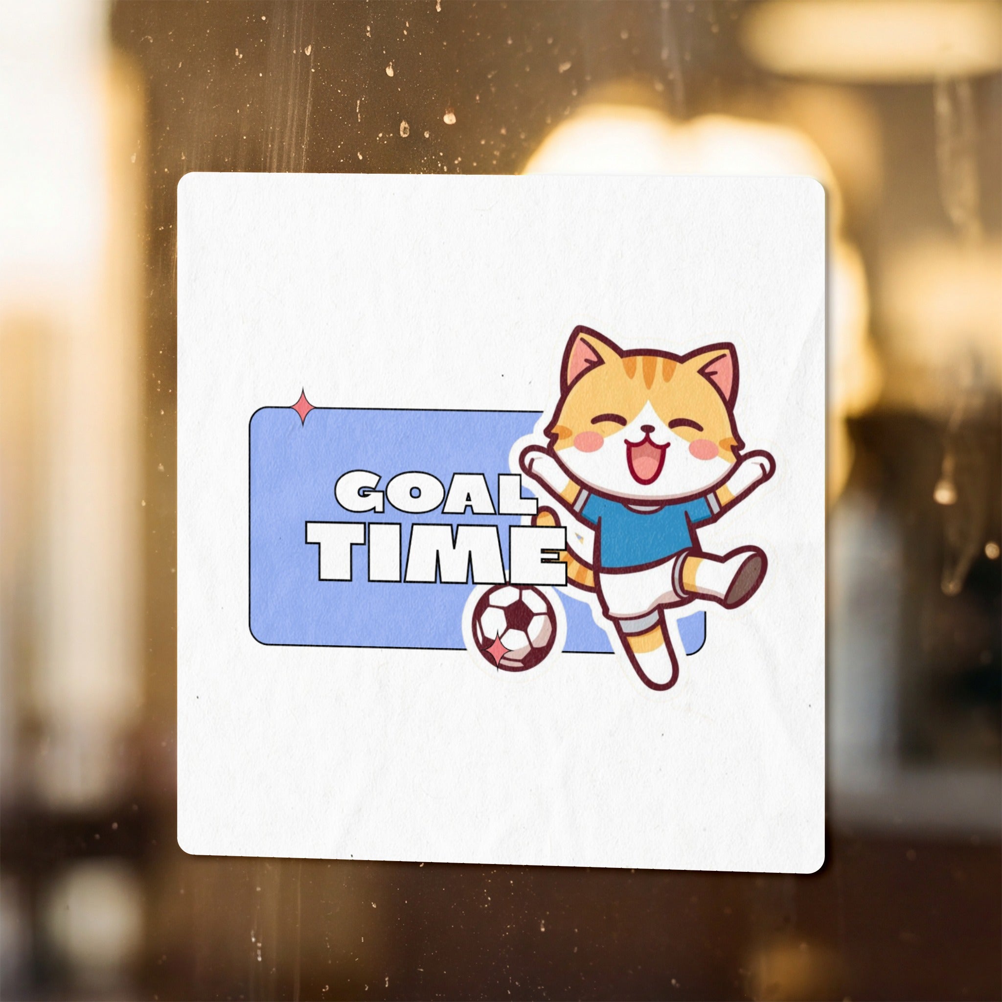 Cute cartoon cat in soccer uniform with text "GOAL TIME" and a soccer ball.