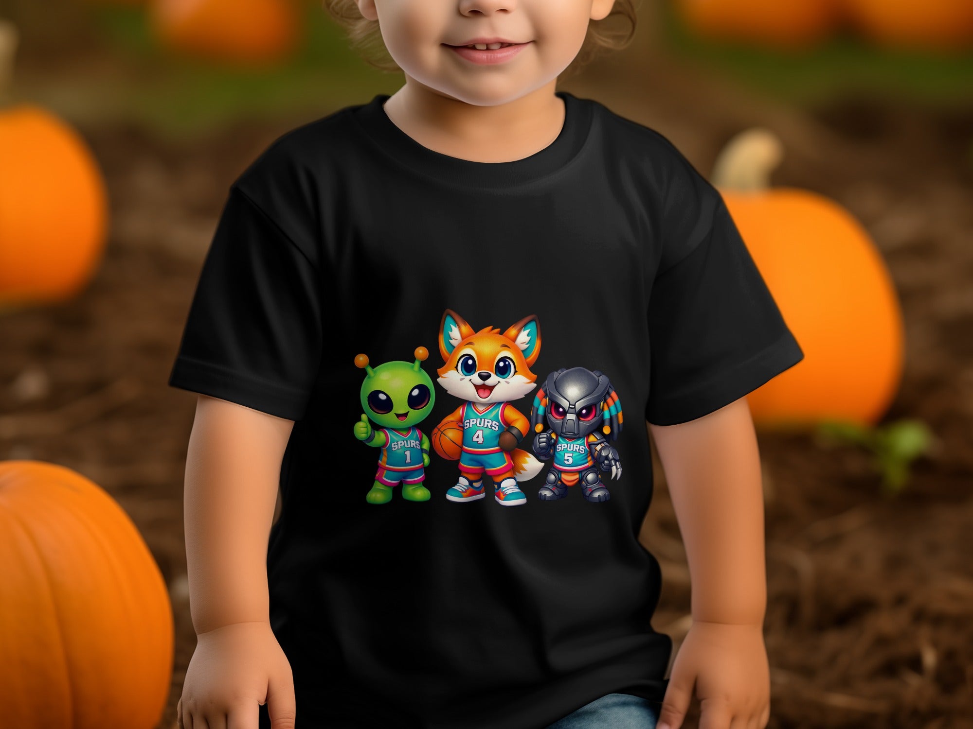 Black t-shirt with alien, fox, and predator characters in basketball jerseys.