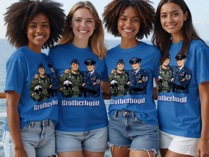 Four women wear blue t-shirts with a "Brotherhood" graphic of pilots.