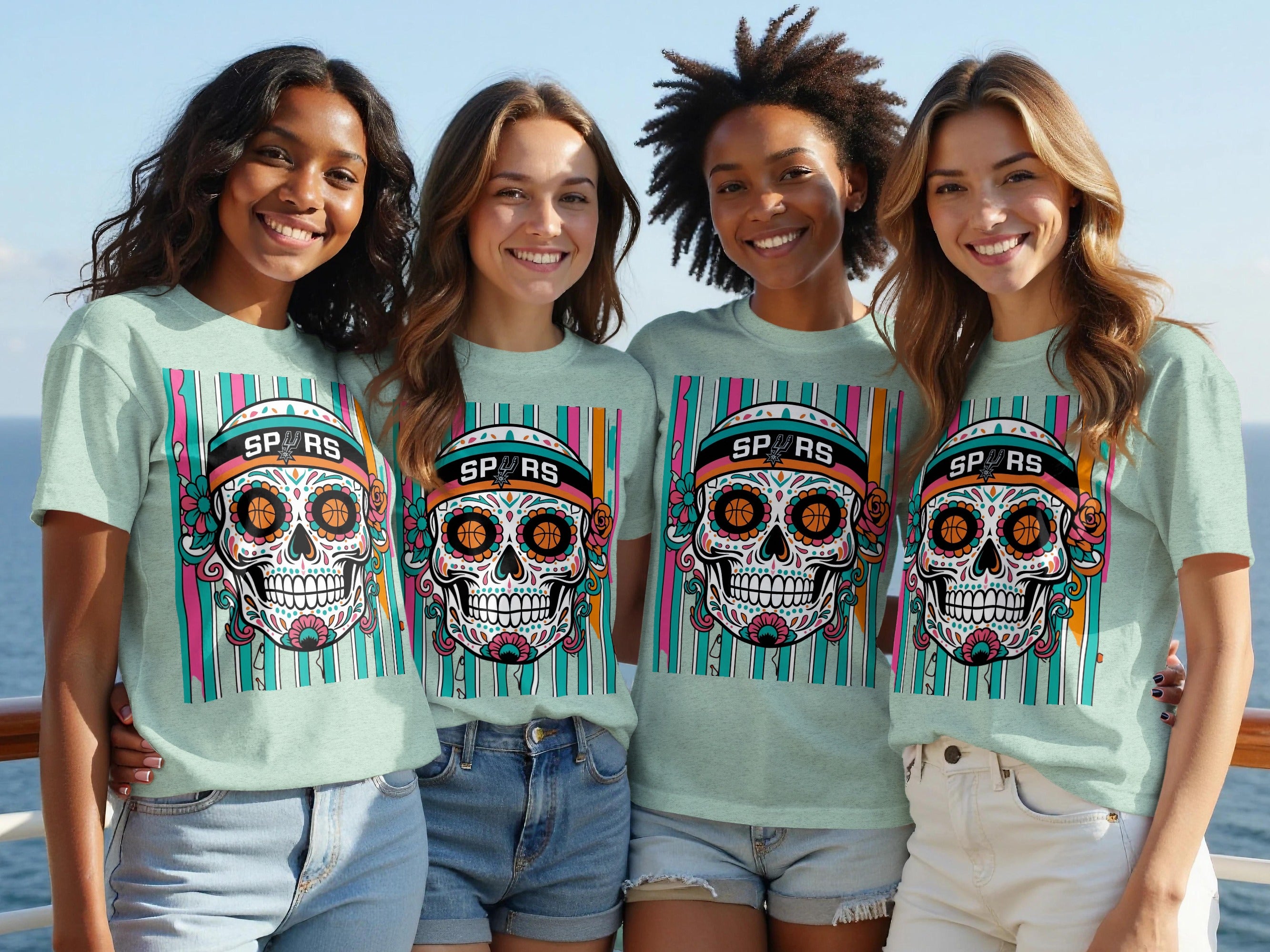 Four women smile wearing light teal shirts with a sugar skull graphic and "SPURS" text.