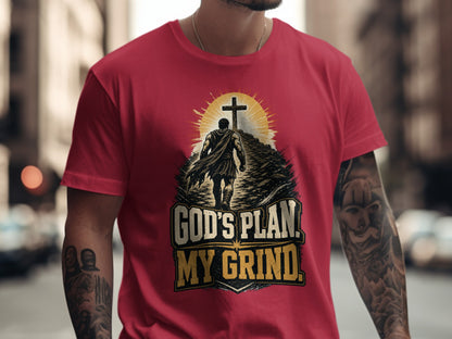 Red t-shirt with graphic reading: God's Plan. My Grind.