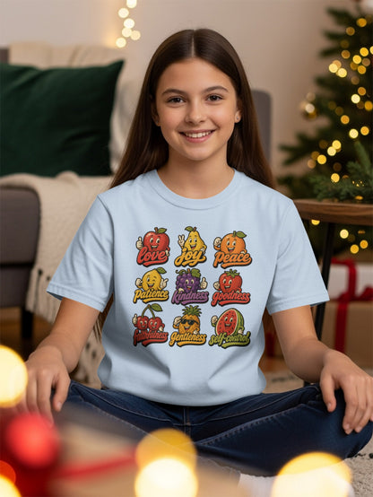 Light blue t-shirt with fruits representing "Love, Joy, Peace, Patience, Kindness, Goodness, Faithfulness, Gentleness, Self-control".
