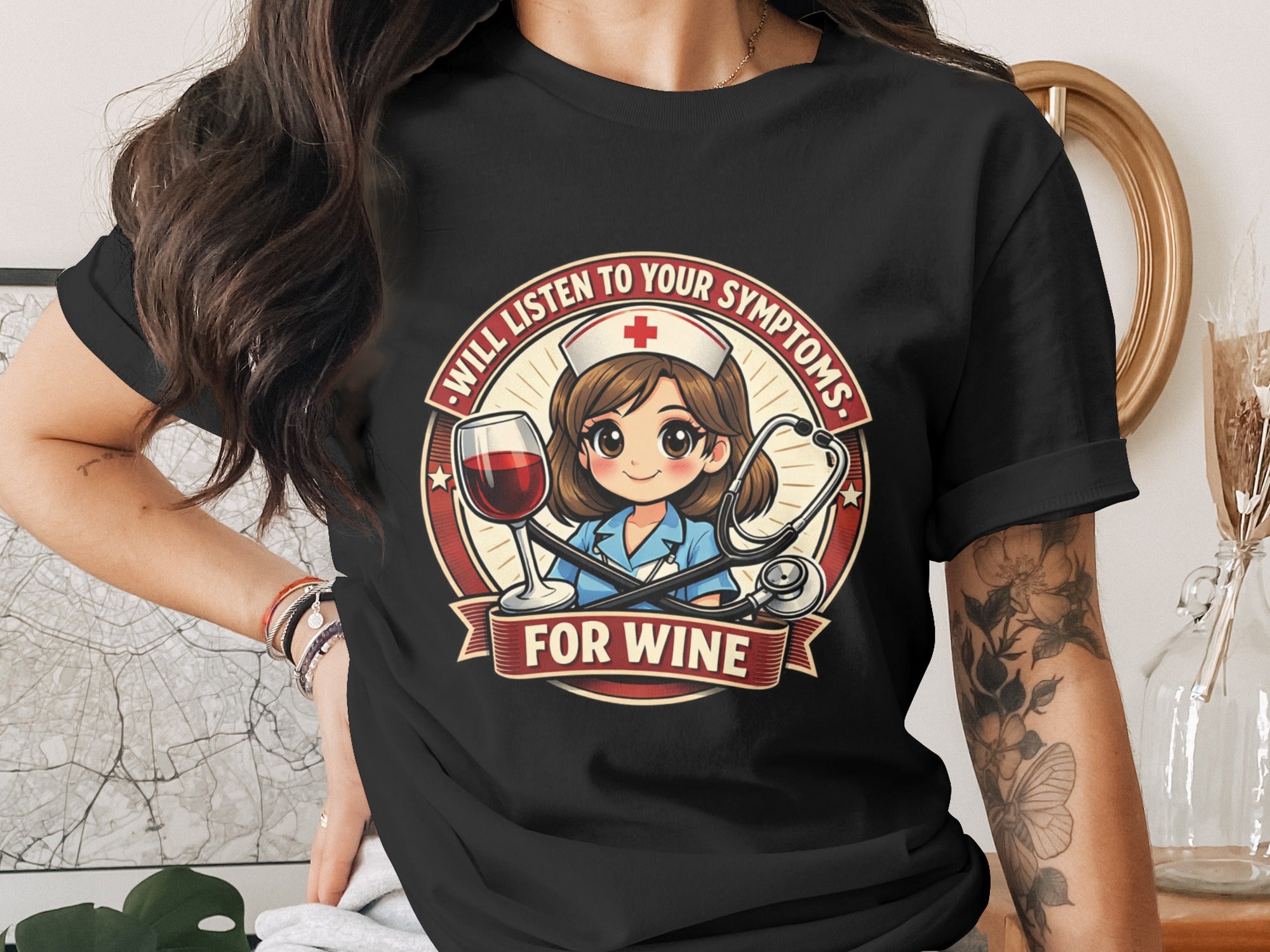 Chibi nurse with wine and stethoscope, text "WILL LISTEN TO YOUR SYMPTOMS FOR WINE".