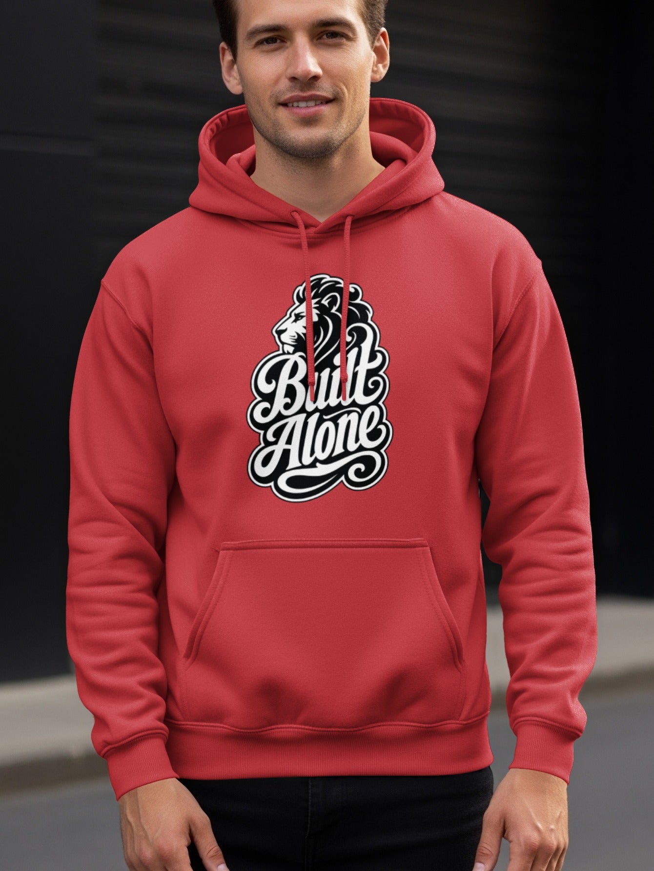 Red hoodie with a lion head and "Built Alone" text logo on the chest.