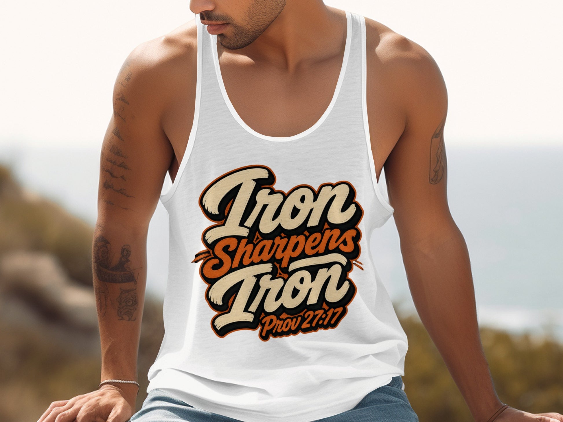 White tank top with "Iron Sharpens Iron Prov 27:17" text design.