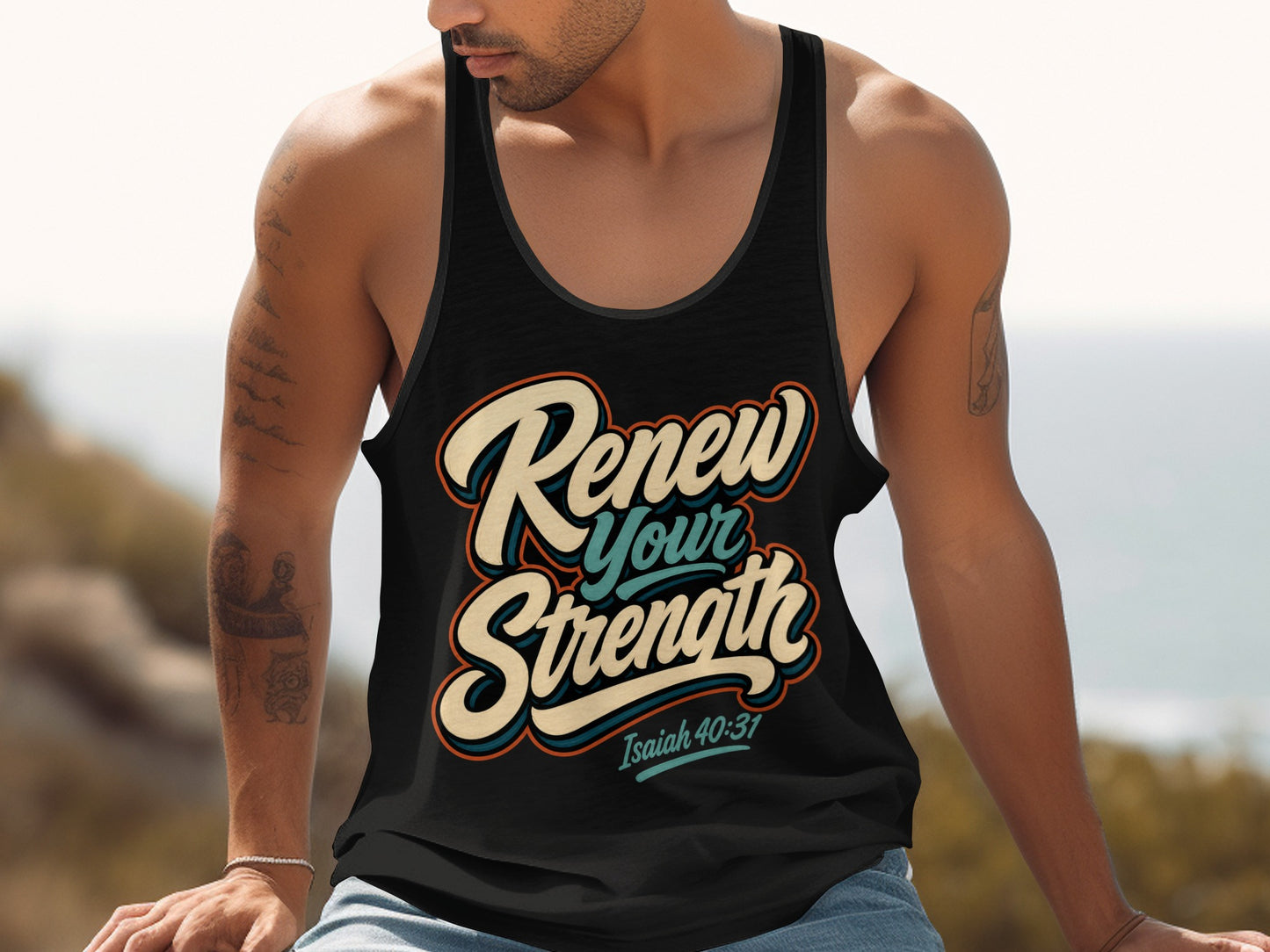 Black tank top with "Renew Your Strength Isaiah 40:31" text.