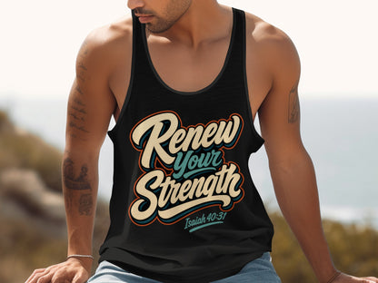 Black tank top with "Renew Your Strength Isaiah 40:31" text.