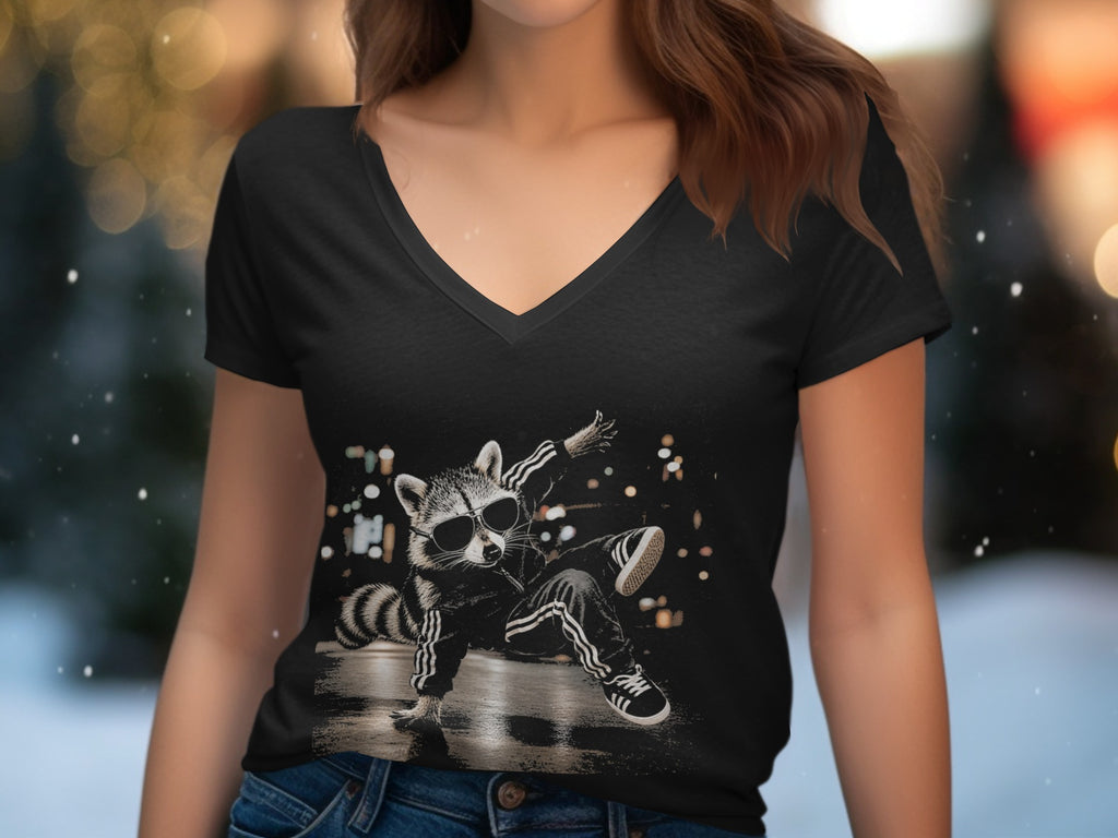 Black v-neck t-shirt featuring a raccoon wearing sunglasses and tracksuit.