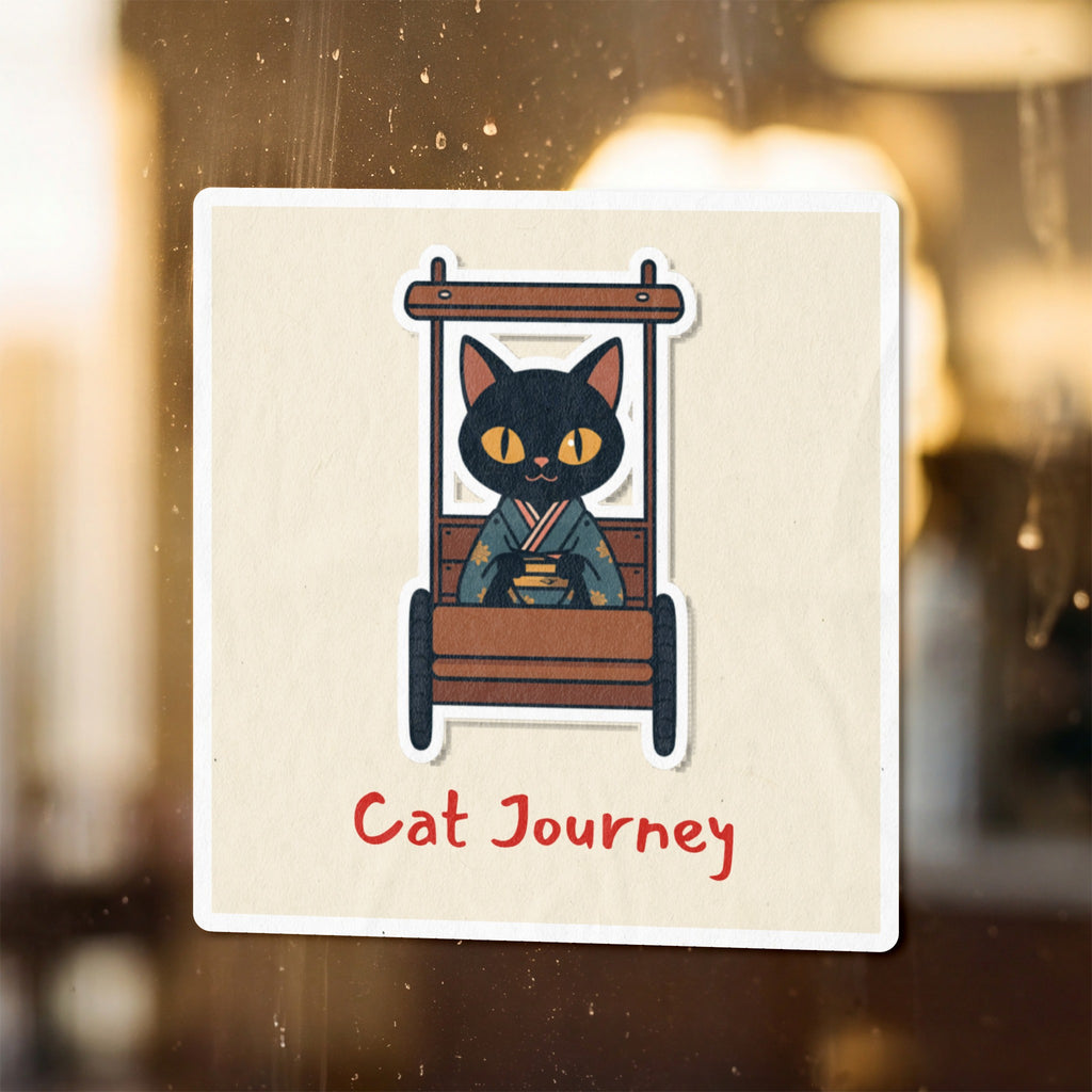 Black cat in a kimono sitting in a wooden cart with "Cat Journey" text.