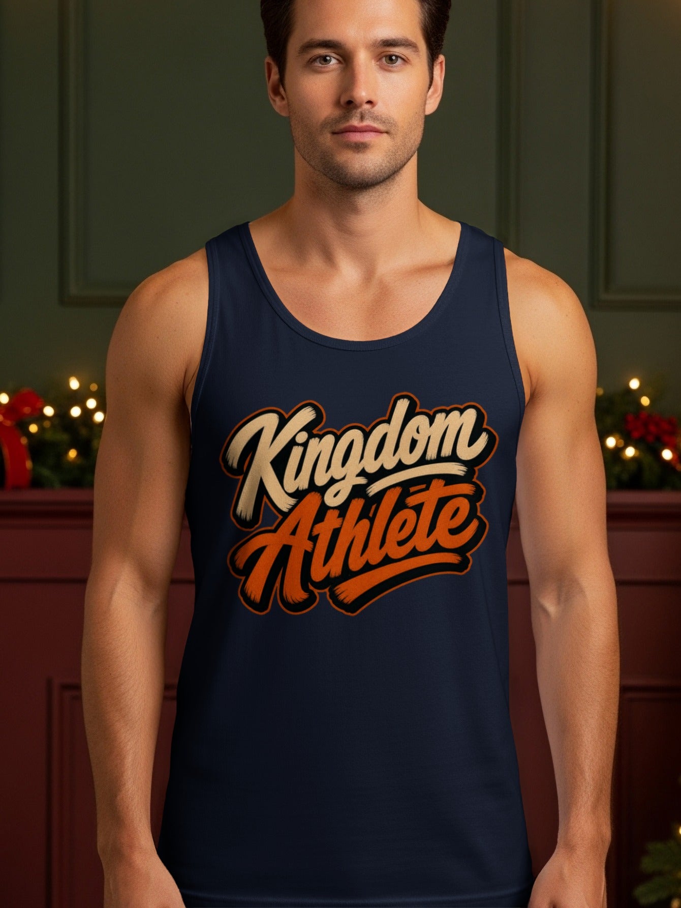 Navy tank top with "Kingdom Athlete" graphic in white and orange script.