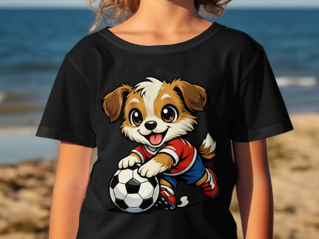 Cartoon puppy wearing a soccer uniform plays with a soccer ball.