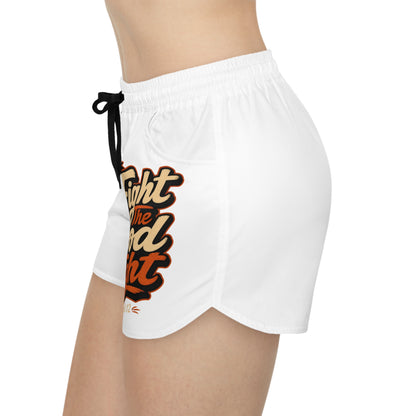 White shorts with black drawstring and "Fight the Good Fight" text graphic.