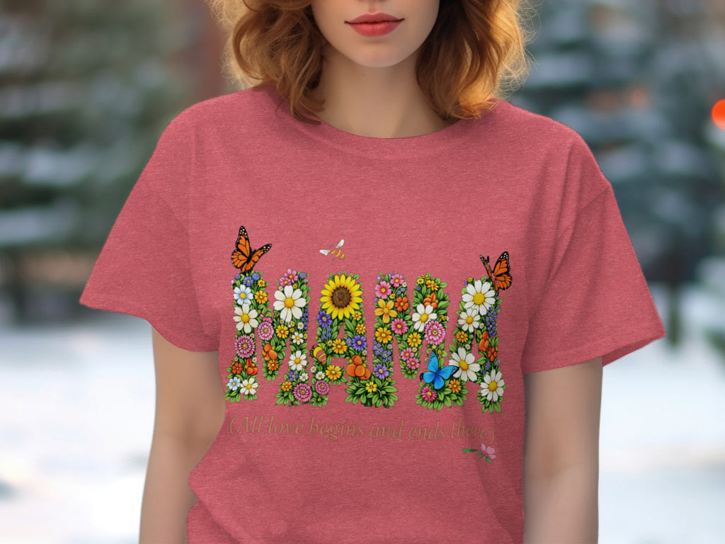 Pink t-shirt with "Mama" made of flowers, with butterflies and bees.