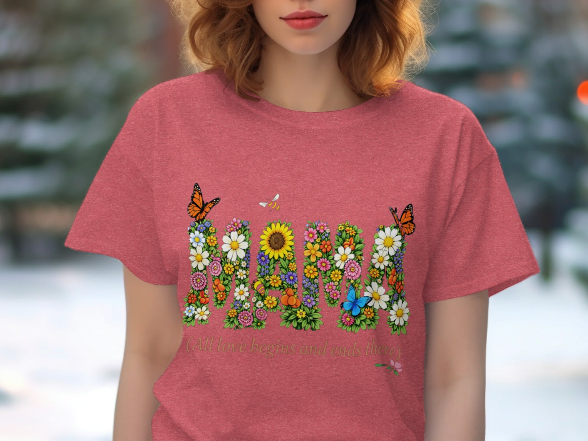 Pink t-shirt with "Mama" made of flowers, with butterflies and bees.