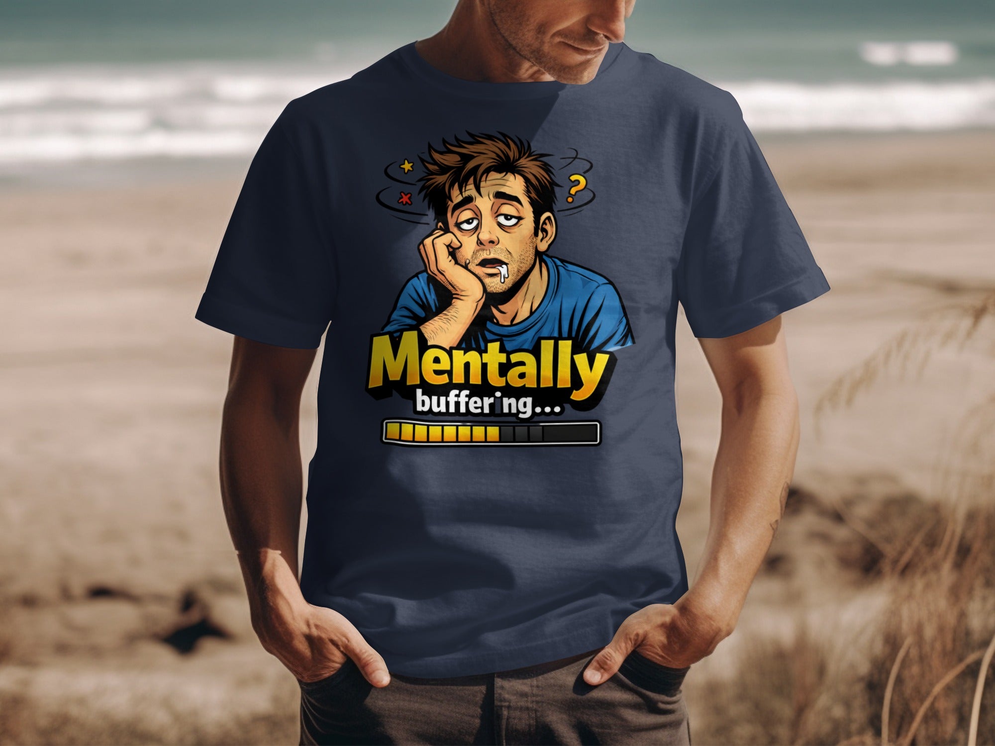 Navy t-shirt with "Mentally buffering..." text and cartoon man.