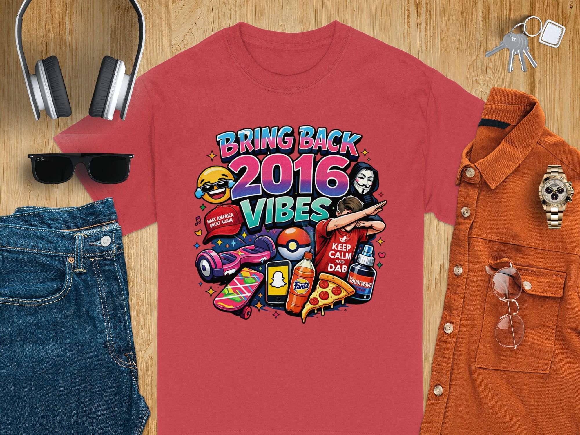 Red t-shirt with "Bring Back 2016 Vibes" graphic featuring pop culture icons.