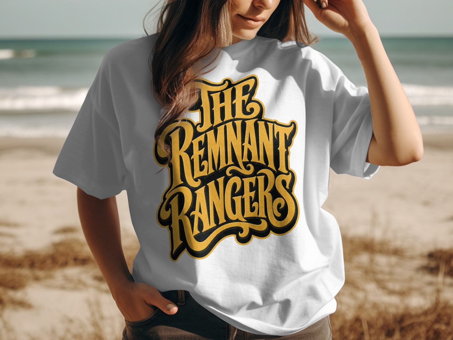White t-shirt with "The Remnant Rangers" in yellow and black text.