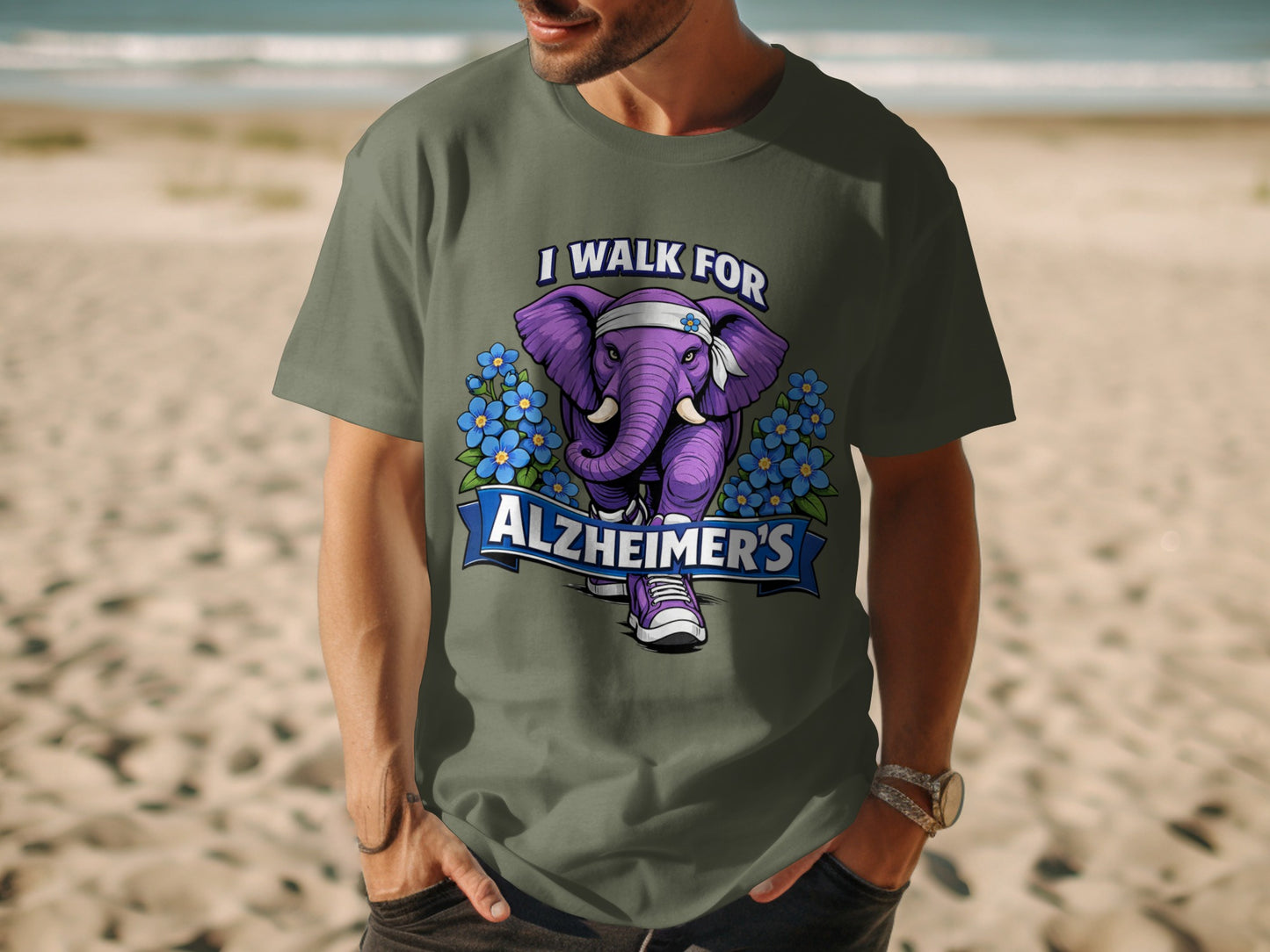 T-shirt with purple elephant, blue flowers, and text "I WALK FOR ALZHEIMER'S".
