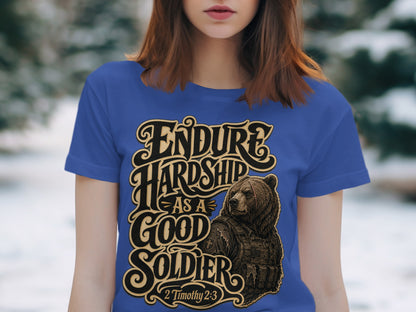 Bear in tactical vest with text "Endure Hardship as a Good Soldier 2 Timothy 2:3".
