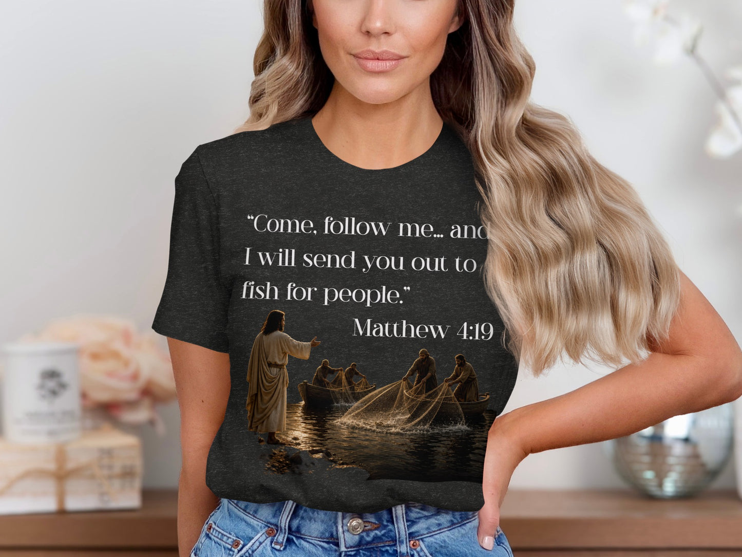 T-shirt with Matthew 4:19 quote and Jesus calling fishermen.