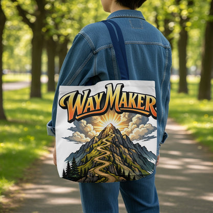 Tote bag with "WayMaker" text and a mountain ascent illustration.