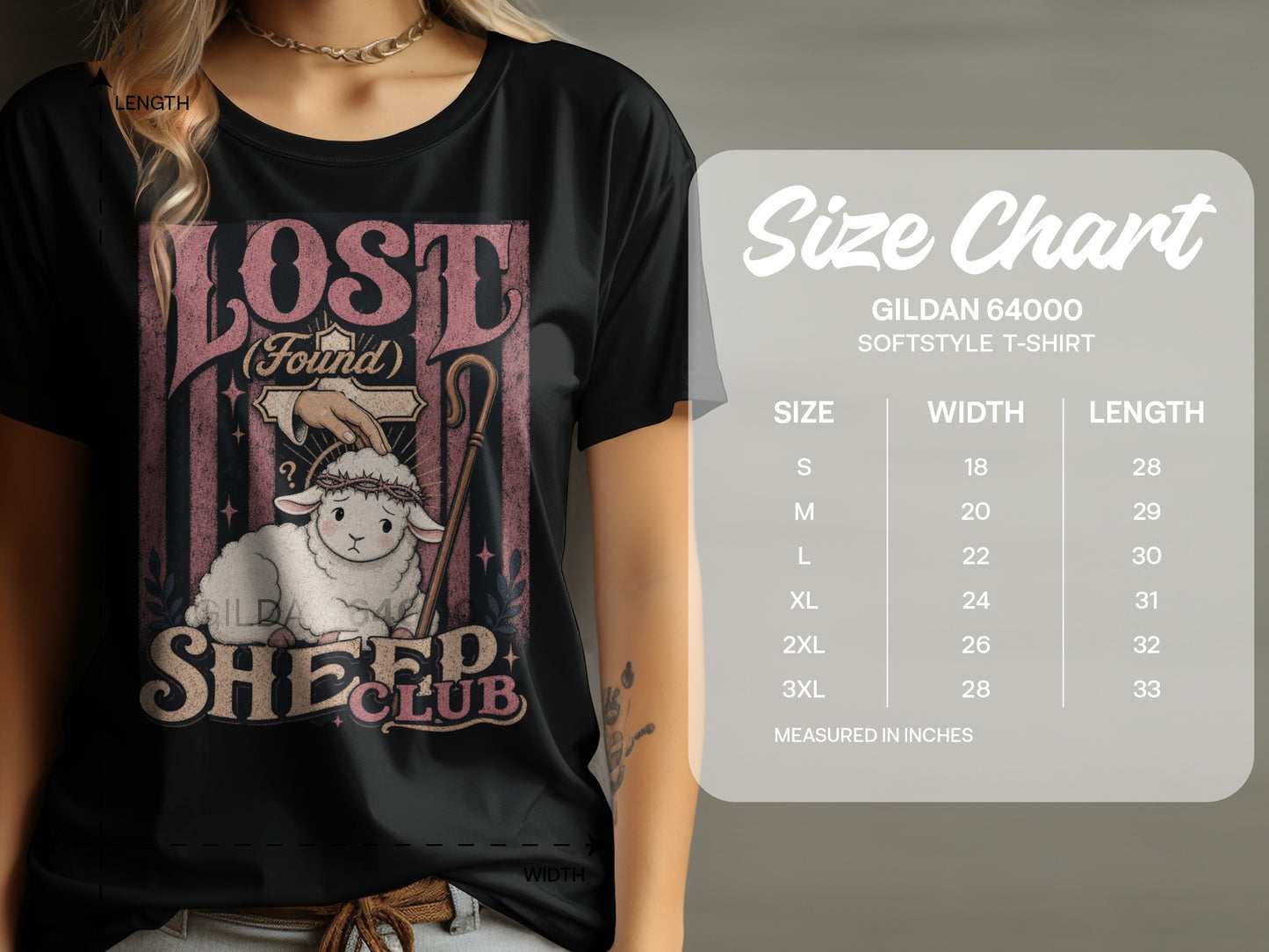 Black t-shirt with "Lost (Found) Sheep Club" graphic and size chart.