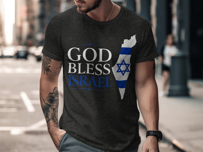 Dark t-shirt with "GOD BLESS ISRAEL" text and Israel map outline.