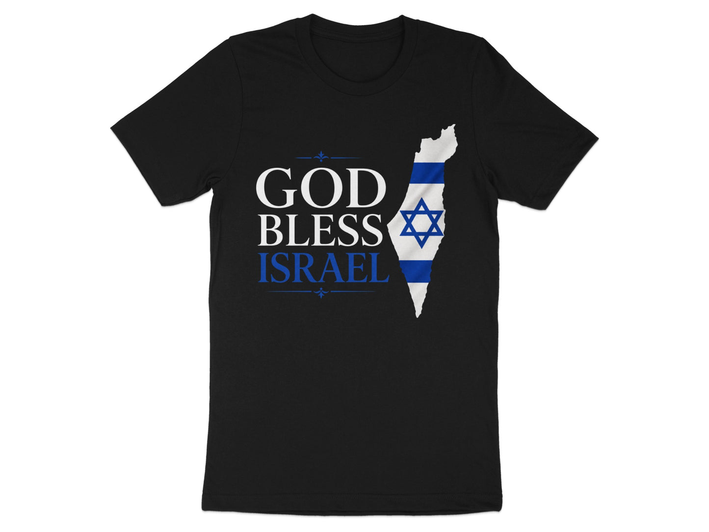 Black t-shirt with "GOD BLESS ISRAEL" and the Israeli flag outline.