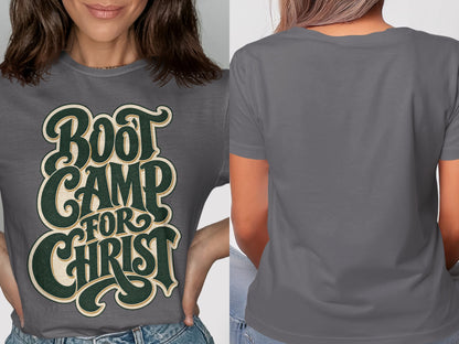 Grey t-shirt with "Boot Camp for Christ" graphic design on front.